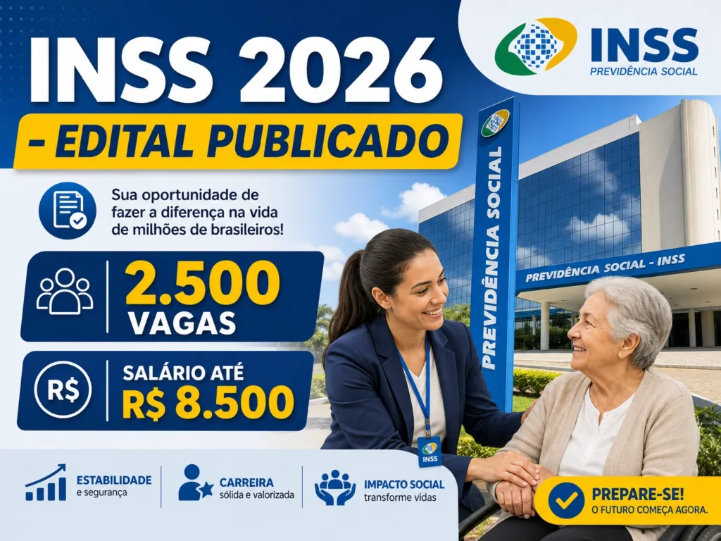 Concurso INSS 2026: Edital Publicado com 2.500 Vagas e Salário até R$ 8.500